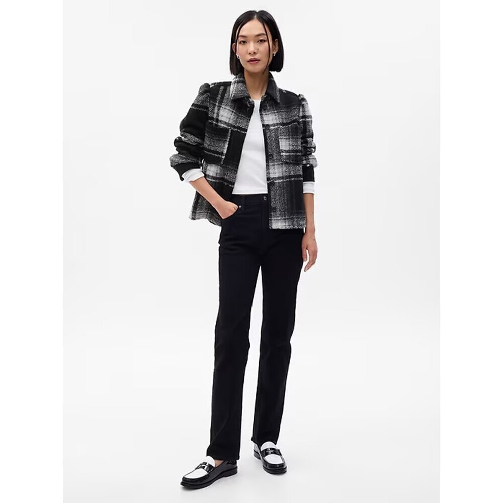 NWT Gap Plaid Puff Sleeve Cropped‎ Wool Shirt Jacket Black White Women S Tall